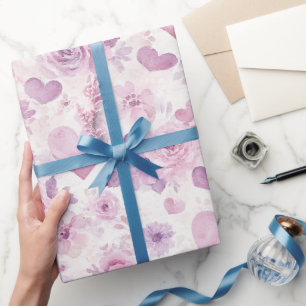 Roze Paarse Harten Bloemen Verjaardag Cadeaupapier
