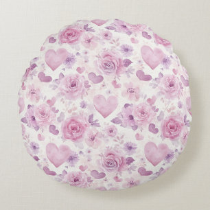 Roze Paarse Harten Bloemen Verjaardag Rond Kussen