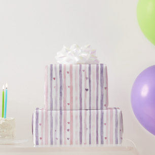Roze Paarse Harten Strepen Verjaardag Cadeaupapier