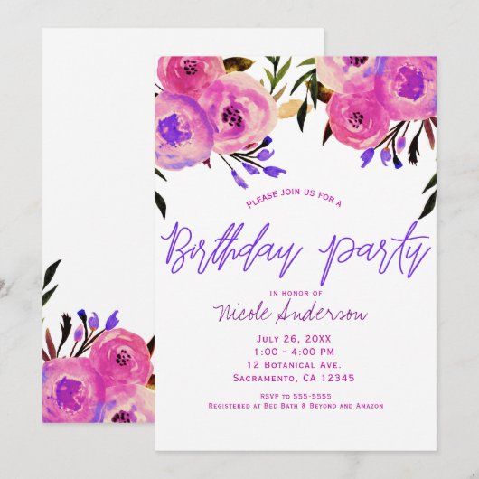 Roze & Paarse Helder Moderne Bloemengeboorte Vieri Kaart (Voorkant / Achterkant)