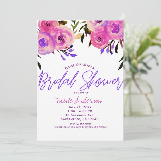 Roze & Paarse Helder Moderne Bloemrijke Bruids Sho Kaart (Staand voorkant)