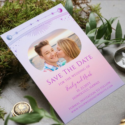 Roze Paarse Hemelse Trouwfoto Save The Date