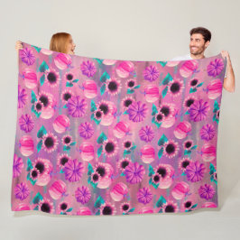 ROZE & PAARSE HERFST POMPOENEN & AQUA ZONNEBLOEMEN FLEECE DEKEN