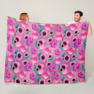 ROZE & PAARSE HERFST POMPOENEN & AQUA ZONNEBLOEMEN FLEECE DEKEN