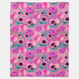 ROZE & PAARSE HERFST POMPOENEN & AQUA ZONNEBLOEMEN FLEECE DEKEN