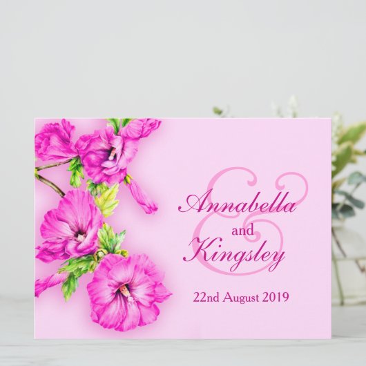 Roze paarse hibiscus bloem bruiloft uitnodiging (Staand voorkant)