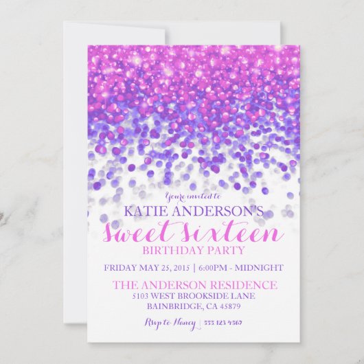 Roze Paarse Hollywood Glitter Sweet Sixteen Party Kaart (Voorkant)