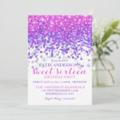 Roze Paarse Hollywood Glitter Sweet Sixteen Party Kaart (Staand voorkant)
