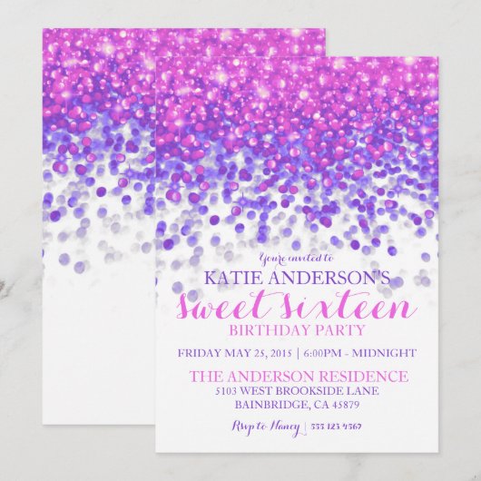Roze Paarse Hollywood Glitter Sweet Sixteen Party Kaart (Voorkant / Achterkant)
