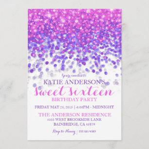 Roze Paarse Hollywood Glitter Sweet Sixteen Party Kaart