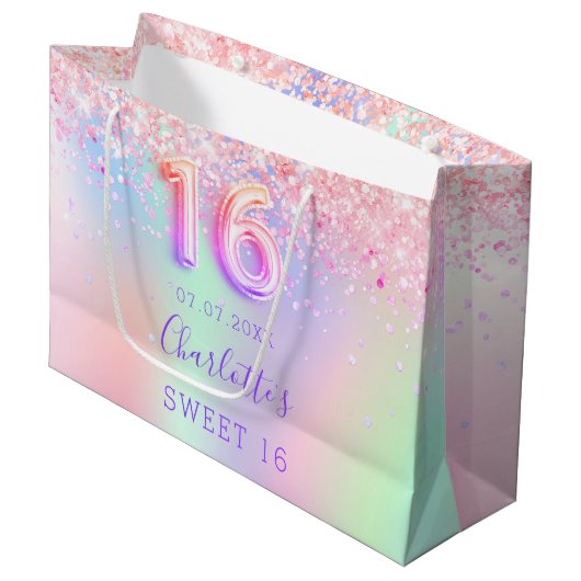 Roze paarse holografisch zoet 16 groot cadeauzakje (Voorkant Gekanteld)