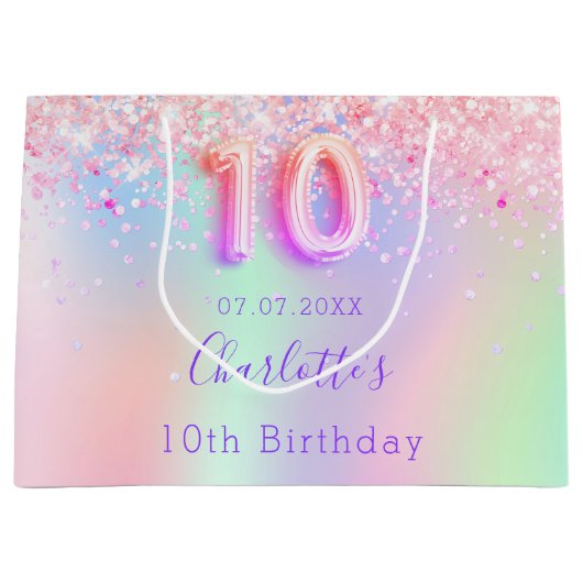 Roze paarse holografische 10e verjaardag groot cadeauzakje (Voorkant)