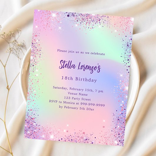 Roze paarse holografische budget verjaardagsuitnod