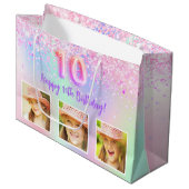Roze paarse holografische foto 10e verjaardag groot cadeauzakje (Voorkant Gekanteld)