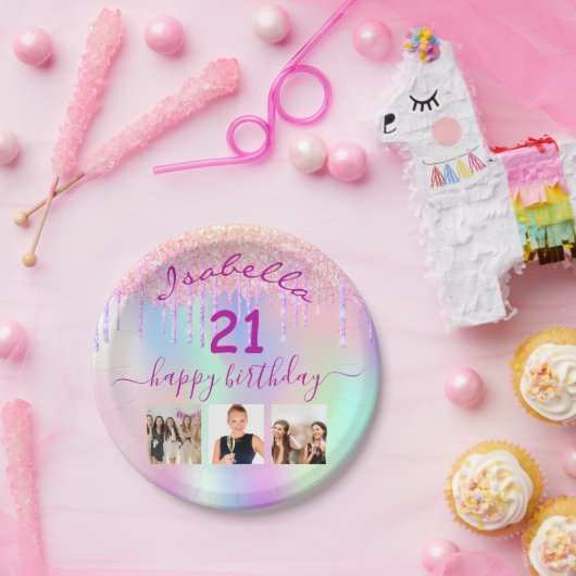 Roze paarse holografische foto 21e verjaardagsfees papieren bordje (Feest)