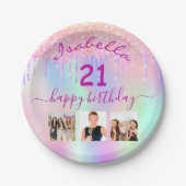 Roze paarse holografische foto 21e verjaardagsfees papieren bordje (Voorkant)
