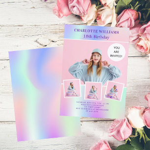 Roze paarse holografische foto verjaardag kaart