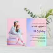 Roze paarse holografische foto verjaardag kaart (Staand voorkant)