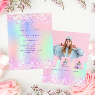 Roze paarse holografische foto verjaardagsuitnodig