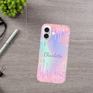 Roze paarse holografische glitter druppelt naam op iPhone 16 hoesje