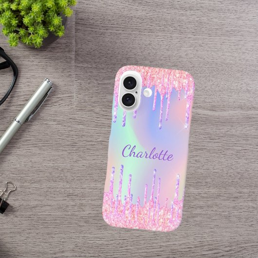 Roze paarse holografische glitter druppelt naam op Case-Mate iPhone case