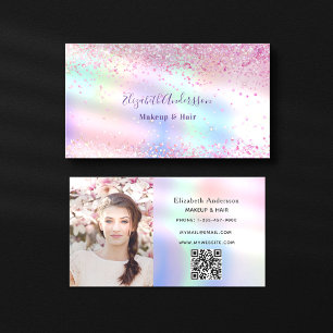 Roze paarse holografische glitter foto qr code visitekaartje