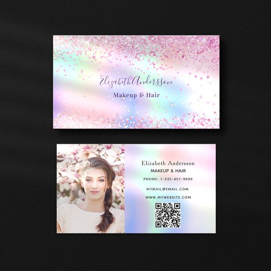 Roze paarse holografische glitter foto qr code visitekaartje