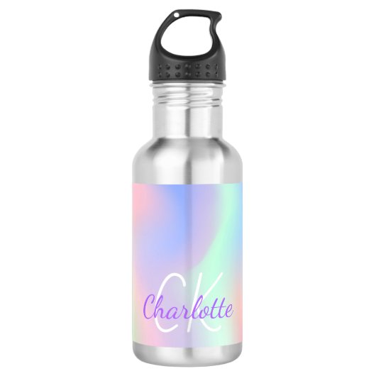 Roze paarse holografische monogram script waterfles  (Voorkant)