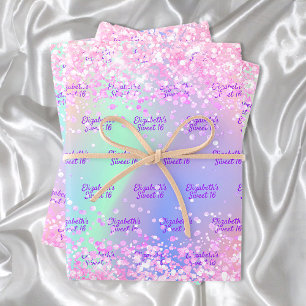 Roze paarse holografische naam confetti Sweet 16 Inpakpapier Vel