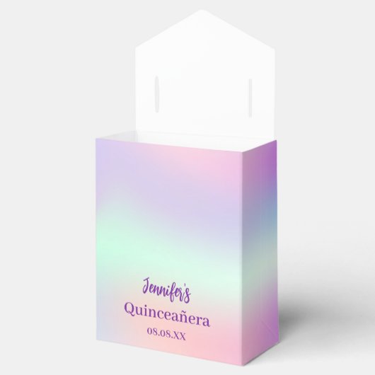 Roze paarse holografische Quinceañera Bedankdoosjes (Geopend)