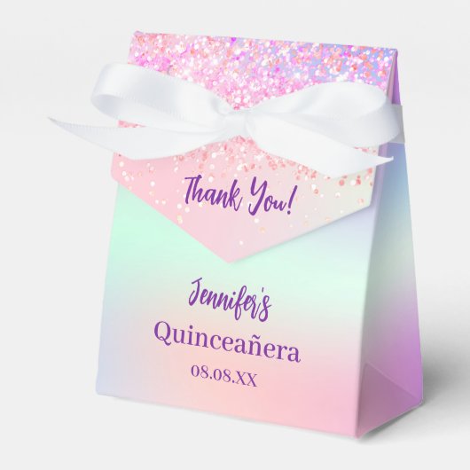 Roze paarse holografische Quinceañera Bedankdoosjes (Voorkant Zijde)