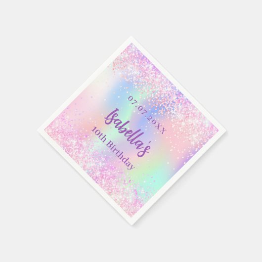 Roze paarse holografische sparkles verjaardagsfees servet (Hoek)