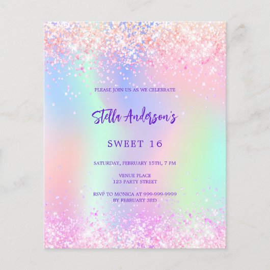 Roze paarse holografische Sweet 16 budget uitnodig (Voorkant)