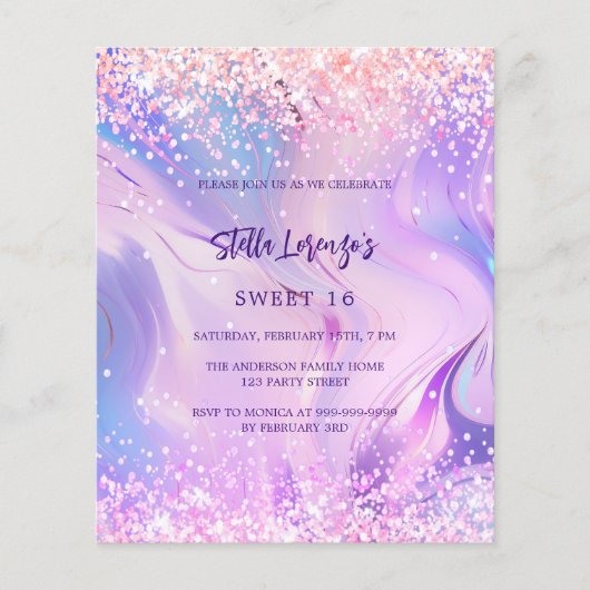 Roze paarse holografische Sweet 16 budget uitnodig (Voorkant)