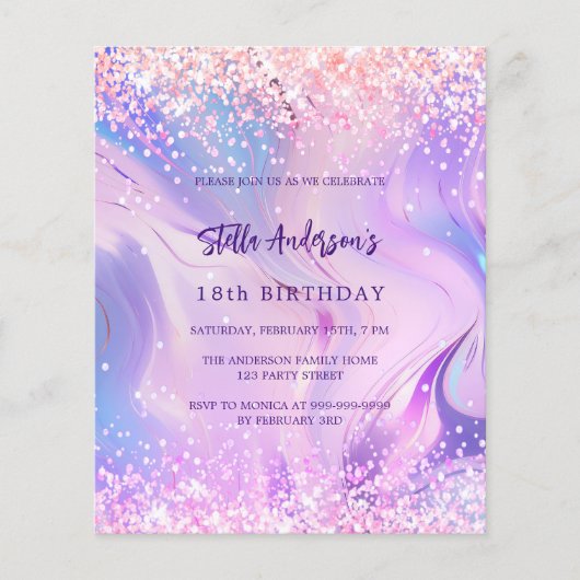 Roze paarse holografische verjaardagsbudget uitnod (Voorkant)