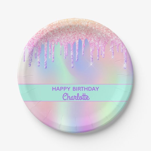 Roze paarse holografische verjaardagsfeestje papieren bordje (Voorkant)