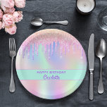 Roze paarse holografische verjaardagsfeestje papieren bordje<br><div class="desc">Een girly trendy holografische achtergrond met eenhoorn- en regenboogpastelkleuren in roze,  paarse,  mintgroen. Versierd met druppels in roze,  paarse. Een groene muntband. Tekst: Gelukkige verjaardag. Paarse letters. Personaliseren en een naam toevoegen.</div>