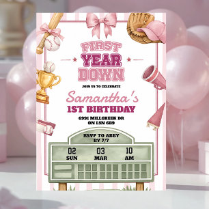 Roze Paarse Honkbal Thema 1e Jaar Down Verjaardag Kaart