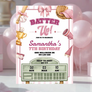 Roze Paarse Honkbal Thema Batter Up Meisje Verjaar Kaart