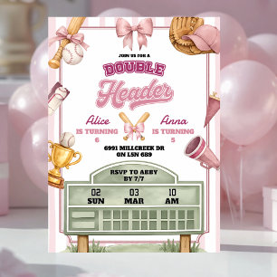 Roze Paarse Honkbal Thema Dubbele Header Verjaarda Kaart