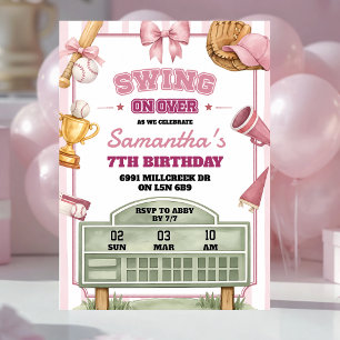 Roze Paarse Honkbal Thema Swing On Over Verjaardag Kaart