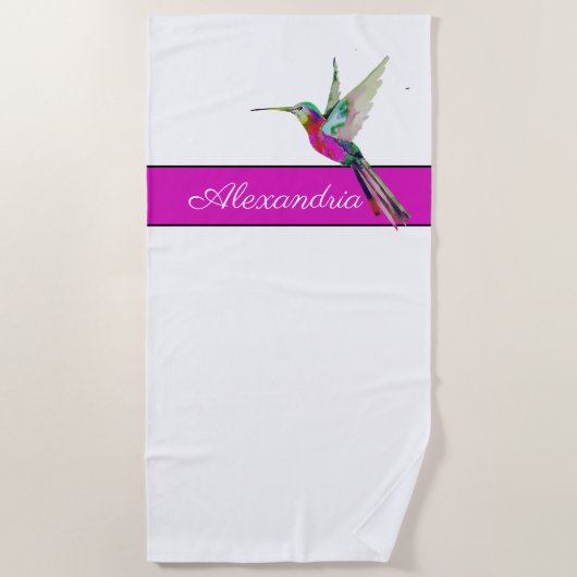 Roze Paarse Hummingbird Monogram Naam Strandlaken (Voorkant)