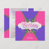 Roze Paarse kant Exotic Birthday Party Invitation Kaart (Voorkant / Achterkant)