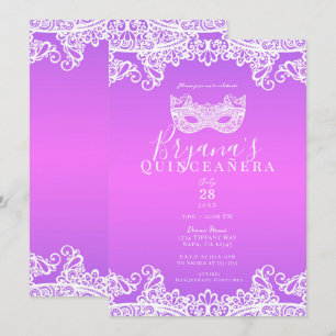 Roze Paarse Kanten Maskerade 15e Quinceañera Kaart