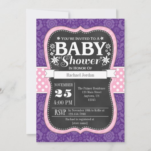 Roze Paarse karton Floral Baby shower Invite Kaart (Voorkant)