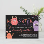 Roze Paarse Kleine Monster Halloween Baby shower Kaart (Staand voorkant)