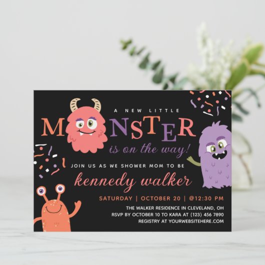 Roze Paarse Kleine Monster Halloween Baby shower Kaart (Staand voorkant)