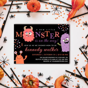 Roze Paarse Kleine Monster Halloween Baby shower Kaart