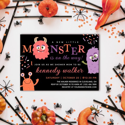 Roze Paarse Kleine Monster Halloween Baby shower Kaart