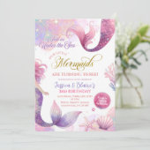 Roze Paarse Kleine Twee Zeemeerminnen Tweeling Ver Kaart (Staand voorkant)